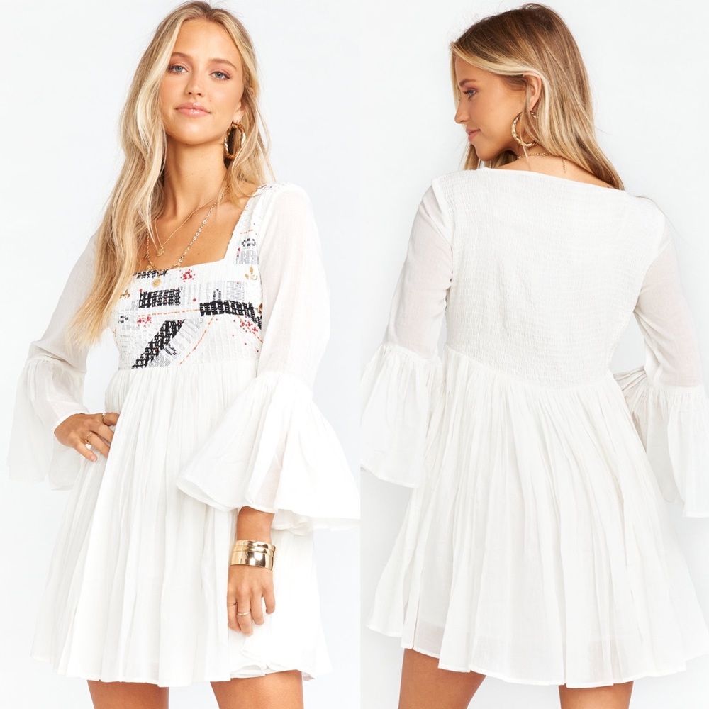 White Embroidered Square-Neck Mini Dress - Picture 1 of 9